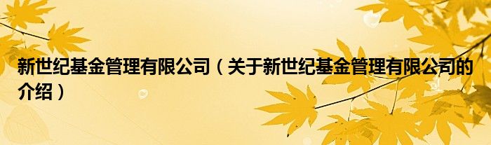 新世紀基金管理有限公司（關于新世紀基金管理有限公司的介紹）