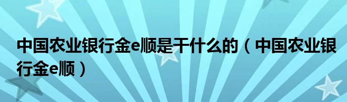 中國(guó)農(nóng)業(yè)銀行金e順是干什么的（中國(guó)農(nóng)業(yè)銀行金e順）
